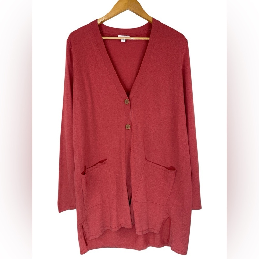 J. Jill Wool Blend Cardigan Sweater Coral Pink Long Sleeve Knit Pockets Size M